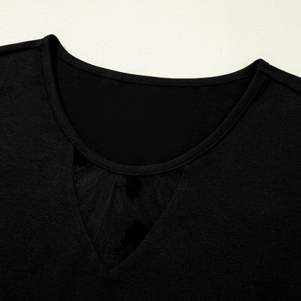 Black Floral Mesh Patchwork Loose V Neck Plus Size T Shirt