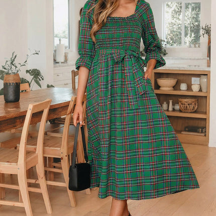 Green Tartan Plaid Square Neck Puff Sleeve Knot Waist Flared Midi Dress