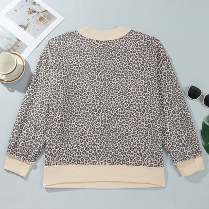 Multicolour Plus Size Leopard Print Ribbed Color Block Mock Neck Tunic Sweatshirt