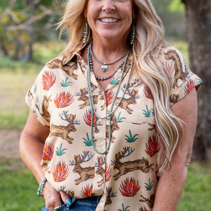 Khaki Plus Size Western Pattern Print Buttoned Short Sleeve Shirt