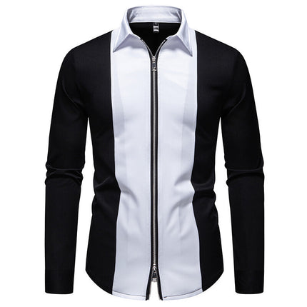 Color Block Zipper Design Plus Size Long Sleeve Shirt