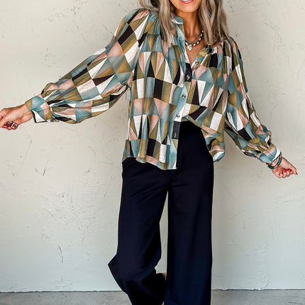 Green Geometric Print Buttoned Balloon Sleeve Loose Fit Shirt