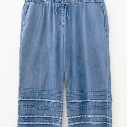 Dusk Blue Tiered Raw Edge Ruffled Plus Size Wide Leg Denim Pants