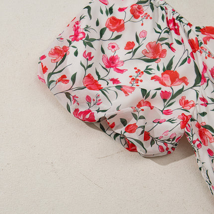 Pink Plus Size Floral Square Neck Puff Sleeve Ruffle Maxi Dress