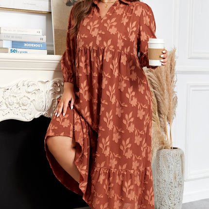 Cinnamon Plus Size Textured 3D Flower Pattern Ruffle Hem 3/4 Sleeve Long Dress