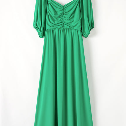 Bright Green Ruched Front Puff Sleeve Plus Size Long Dress