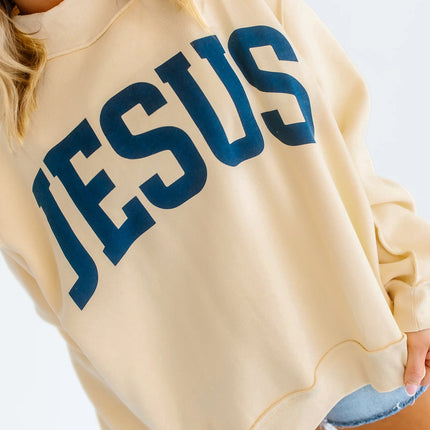 Light Grey Jesus Slogan Stand Neck Long Sleeve Oversized Tunic Plus Size Sweatshirt