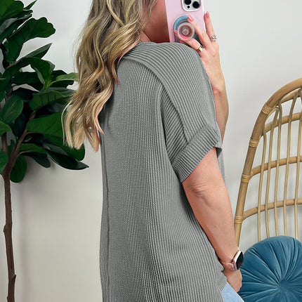 Medium Grey Textured Knit Exposed Stitching T-shirt