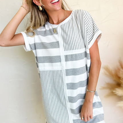Gray Stripe Mixed Printed Short Sleeve Shift Mini T Shirt Dress