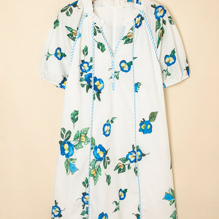 White Plus Size Floral Short Puff Sleeve Contrast Tie V Neck Dress