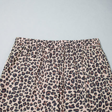 Beige Plus Size Leopard Print Side Stripes Detail Casual Pants