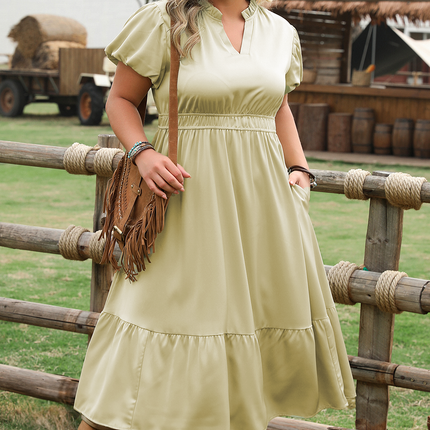 Laurel Green Notched V Neck Puff Sleeve Tiered Plus Size Maxi Dress