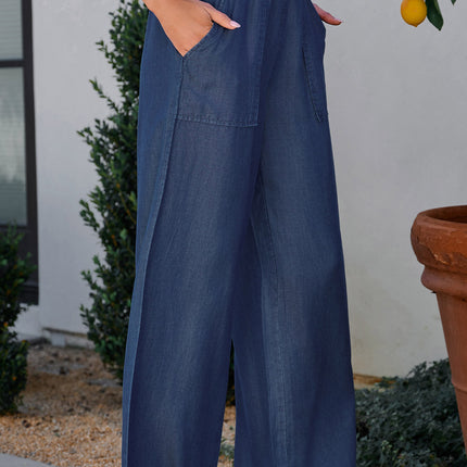 Sail Blue Side Pockets Frilled Smocked High Waist Wide Leg Jeans
