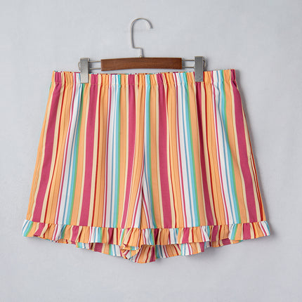 Orange Stripe Plus Size Elastic Waist Ruffle Hem Shorts