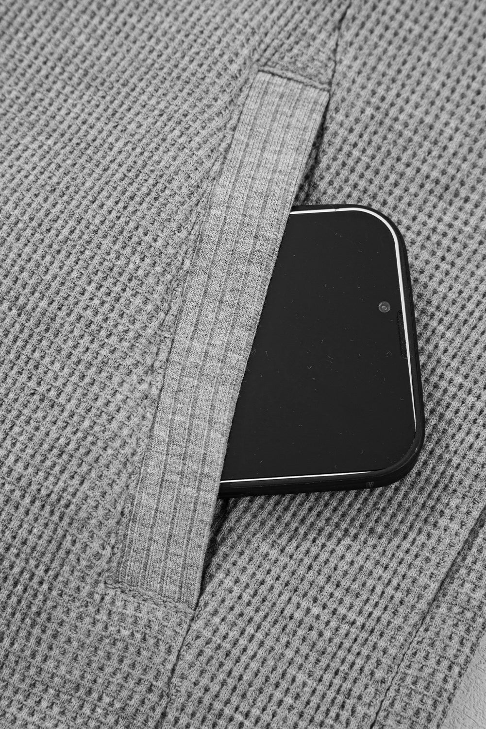 Gray Waffle Splicing Zip Up Front Button Hooded Jacket