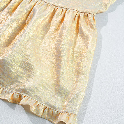 Gold Metallic Frilled V Neck Puff Sleeve Babydoll Blouse