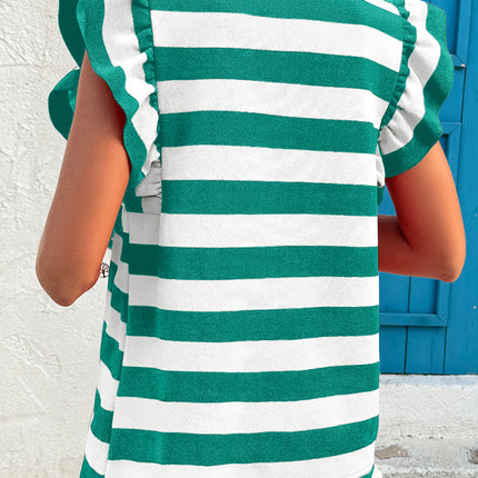 Green Stripe Flutter Sleeve Round Neck T Shirt