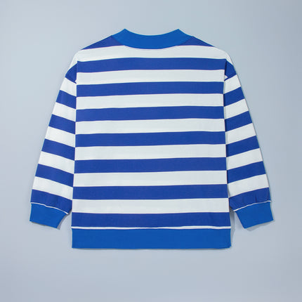 Blue Stripe Ribbed Trim Stand Neck Dropped Shoulder Plus Size Sweatshirt