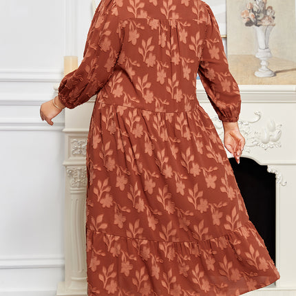 Cinnamon Plus Size Textured 3D Flower Pattern Ruffle Hem 3/4 Sleeve Long Dress