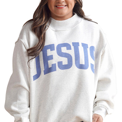 Light Grey Jesus Slogan Stand Neck Long Sleeve Oversized Tunic Plus Size Sweatshirt