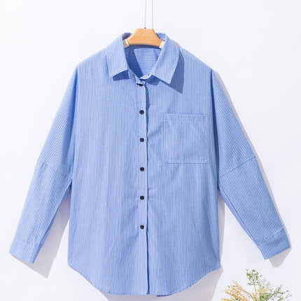 Sky Blue Stripe Roll-tab Sleeve Pocketed Long Shirt