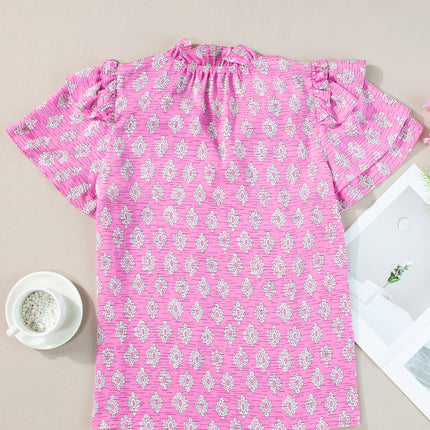Pink Vintage Floral Ruffled Split Neck Short Sleeve Blouse