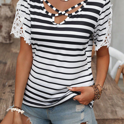 Black Stripe Cross Straps Hollowed Neck Lace Splicing Short Sleeve Blouse