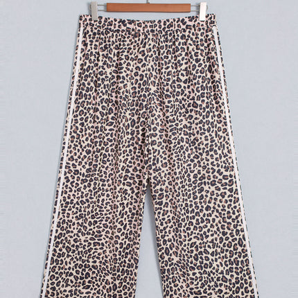 Beige Plus Size Leopard Print Side Stripes Detail Casual Pants