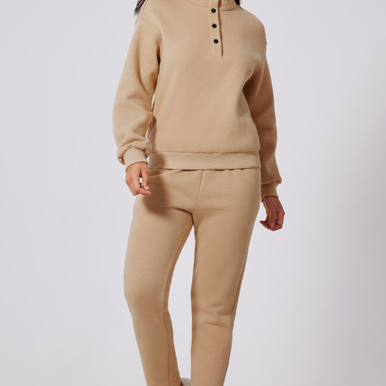 Parchment Solid Half Button Sweatshirt and High Waist Sweatpants Set