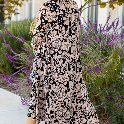 Black Plus Size Floral Printed Puff Sleeve Collared Maxi Dress
