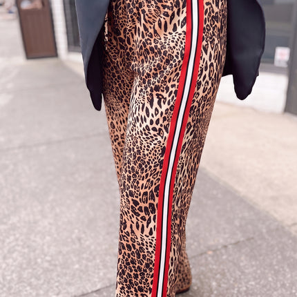 Khaki Leopard Print Colorblock Side Stripes Wide Leg Full Length Plus Size Pants