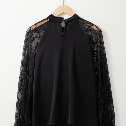 Black Keyhole Neckline Floral Lace Raglan Sleeve Blouse